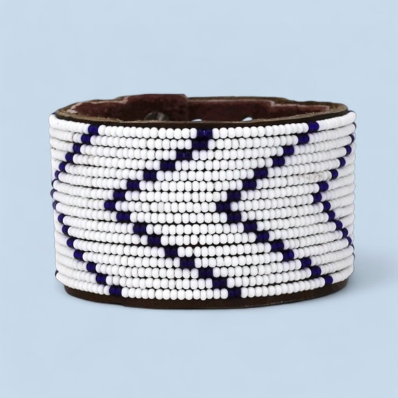 Swahili Coast Beaded Leather Cuff Bracelet Dark Blue/White - Picture 1 of 6